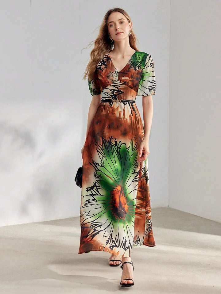 CM-DS293333 Women Elegant Seoul Style Tie-Dye Printed V-Neck Short Puff Sleeve Maxi Dress