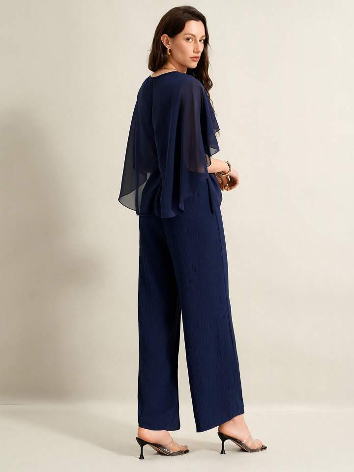 CM-JS259882 Women Elegant Seoul Style Round Neck Cloak Sleeve Chiffon Jumpsuit - Navy Blue