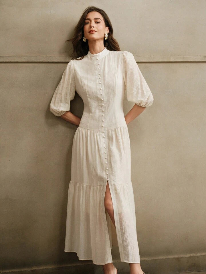 CM-DS204072 Women Elegant Seoul Style Stand Collar 3/4 Sleeve Loose Weave Midi Dress - Apricot