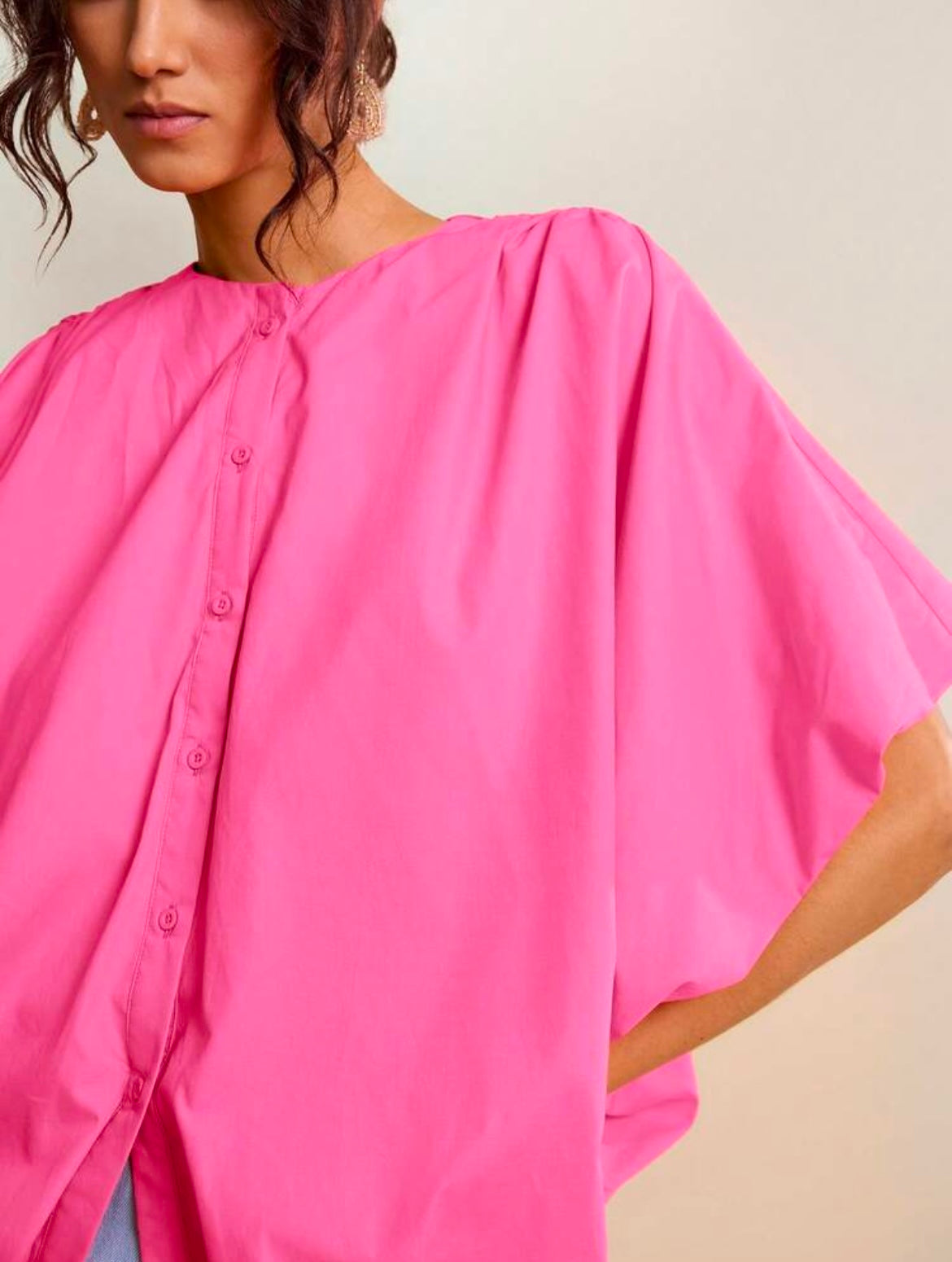 CM-TS709960 Women Casual Seoul Style Loose Cardigan Collar Batwing Sleeve Oversized Shirt - Hot Pink