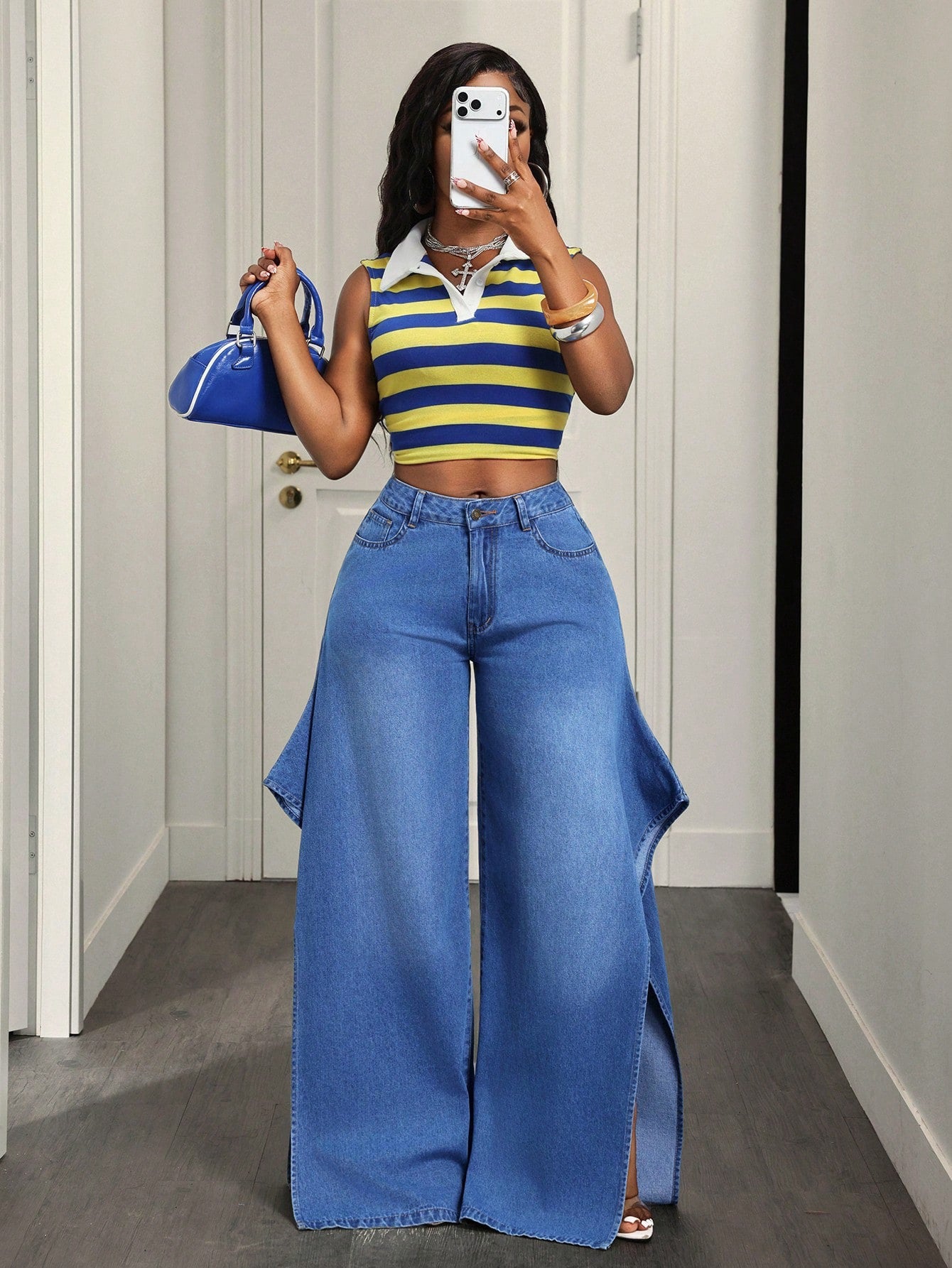 CM-BS843650 Women Casual Seoul Style Split Mid Waist Split Thigh Straight Leg Denim Jeans - Blue