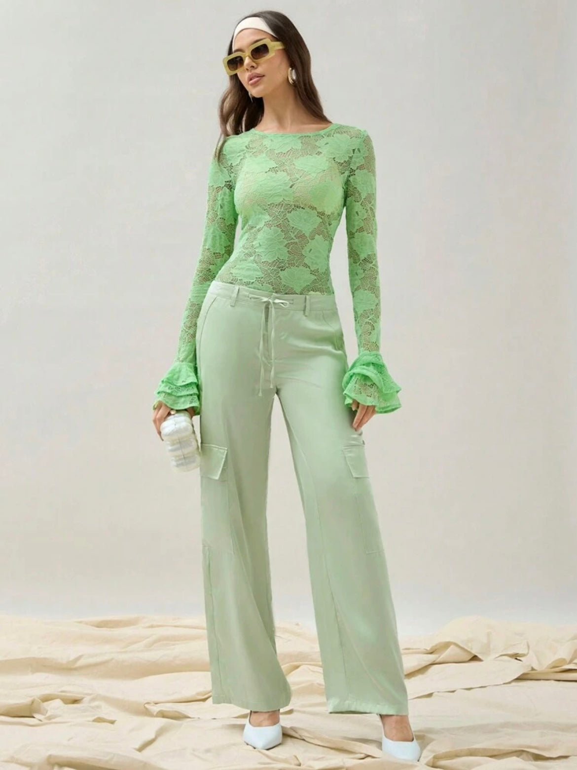 CM-BS742419 Women Casual Seoul Style Solid Color Belted Pocketed Wide Leg Trousers - Mint Green