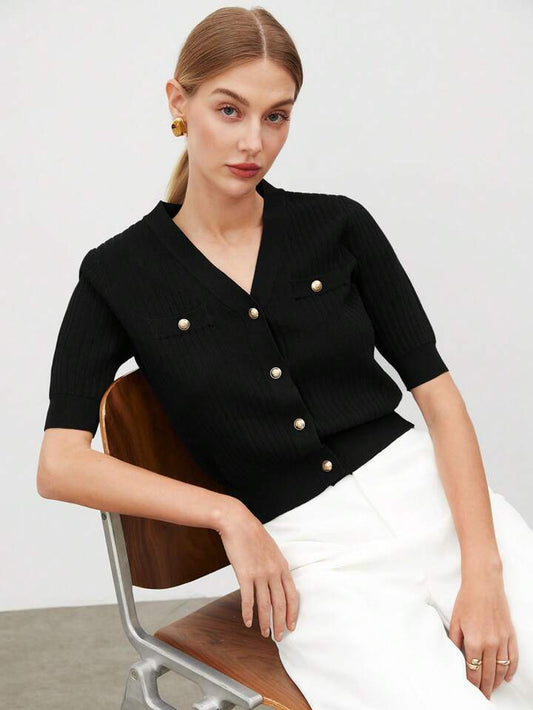 CM-TS542105 Women Casual Seoul Style V-Neck Short Sleeve Button Front Knit Blouse - Black