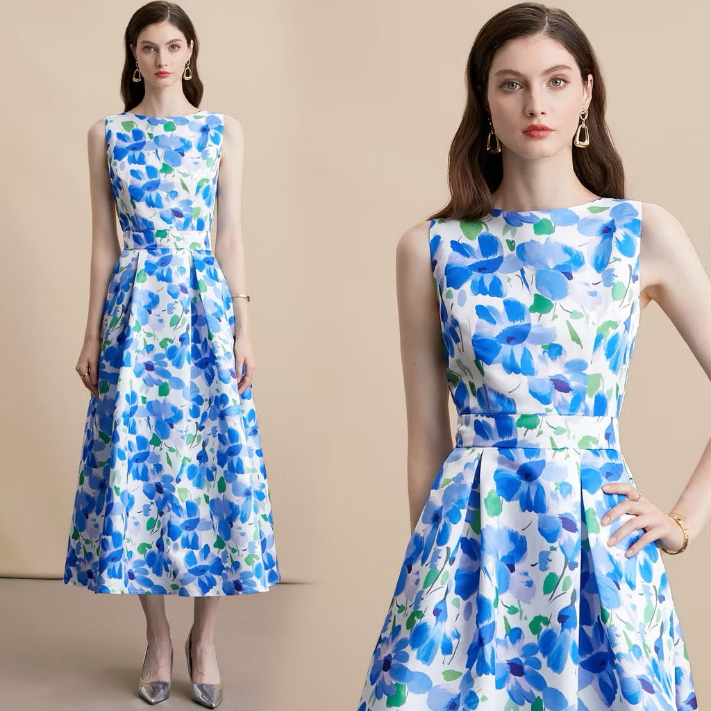 CM-DY054105 Women Elegant European Style Round Neck Sleeveless Pinched Waist A-Line Midi Dress