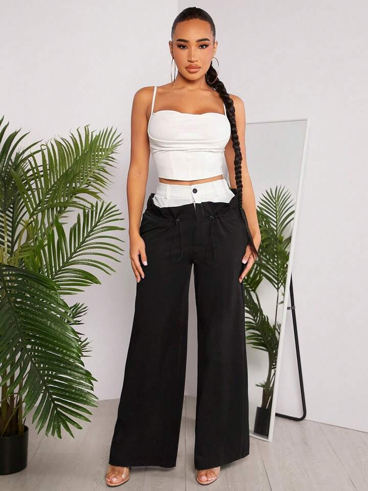 CM-BS924414 Women Casual Seoul Style Contrast Color Elastic Waist Wide Leg Pants