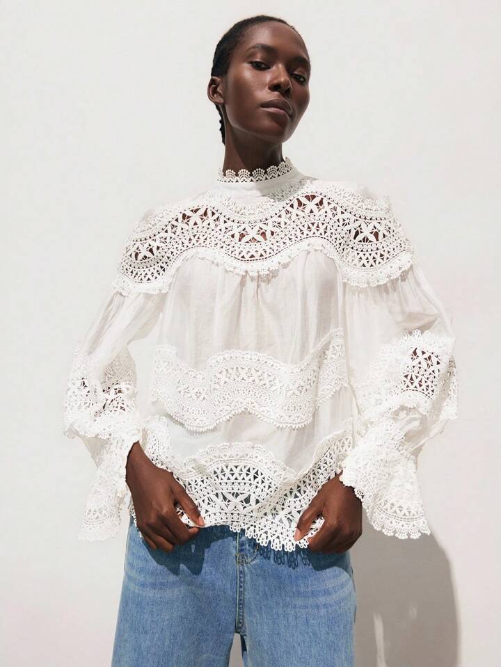 CM-TS762455 Women Trendy Bohemian Style Solid Color Stand Collar Flare Sleeve Lace Patchwork Blouse Top - White