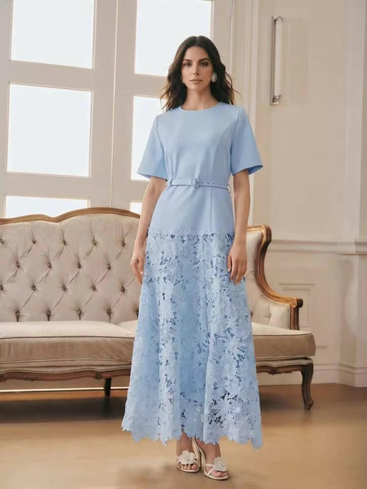 CM-DS750591 Women Elegant Seoul Style Round Neck Short Sleeve Water-Soluble Lace Patchwork A-Line Dress - Blue