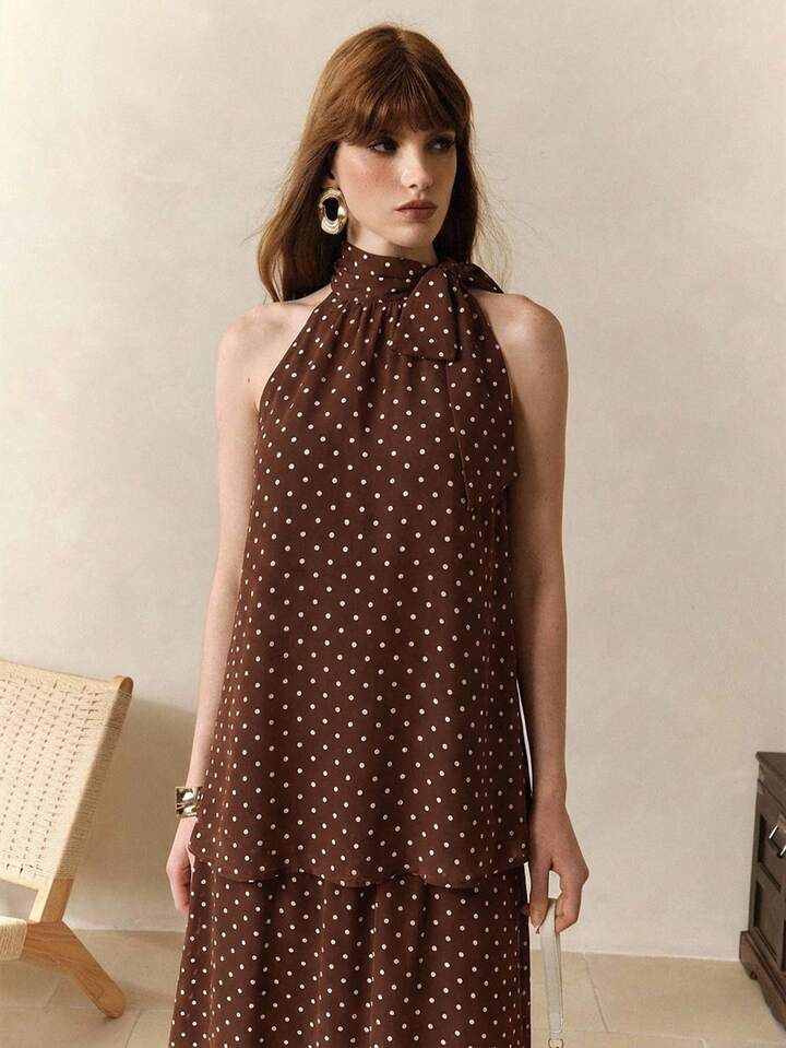 CM-SS926927 Women Trendy Bohemian Style Chiffon Polka Dot Print Sleeveless Halter Neck Top With Skirt - Set