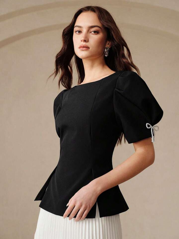 CM-TS263228 Women Elegant Seoul Style Round Neck Puff Sleeve Floral Cuff Pearl Beaded Bow Waist Cut-Out Pleated Top
