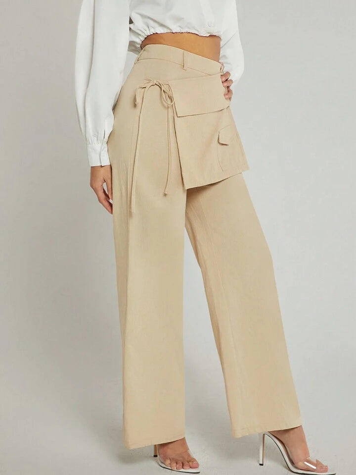 CM-BS441294 Women Elegant Seoul Style Pocket Wrap Overlay Wide Leg Pants - Apricot