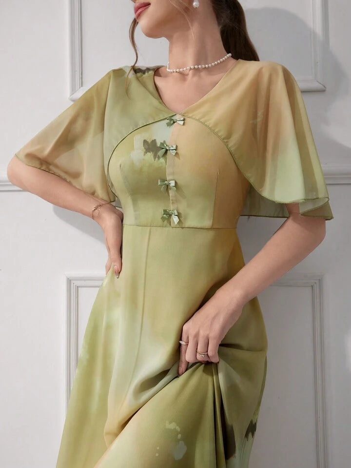 CM-DS579071 Women Elegant Seoul Style V-Neck Gradient Color Bowknot Decoration Dress - Green