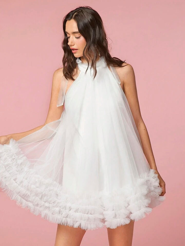 CM-DS020664 Women Elegant Seoul Style Multi-Layered Mesh Halter Neck Dress - White