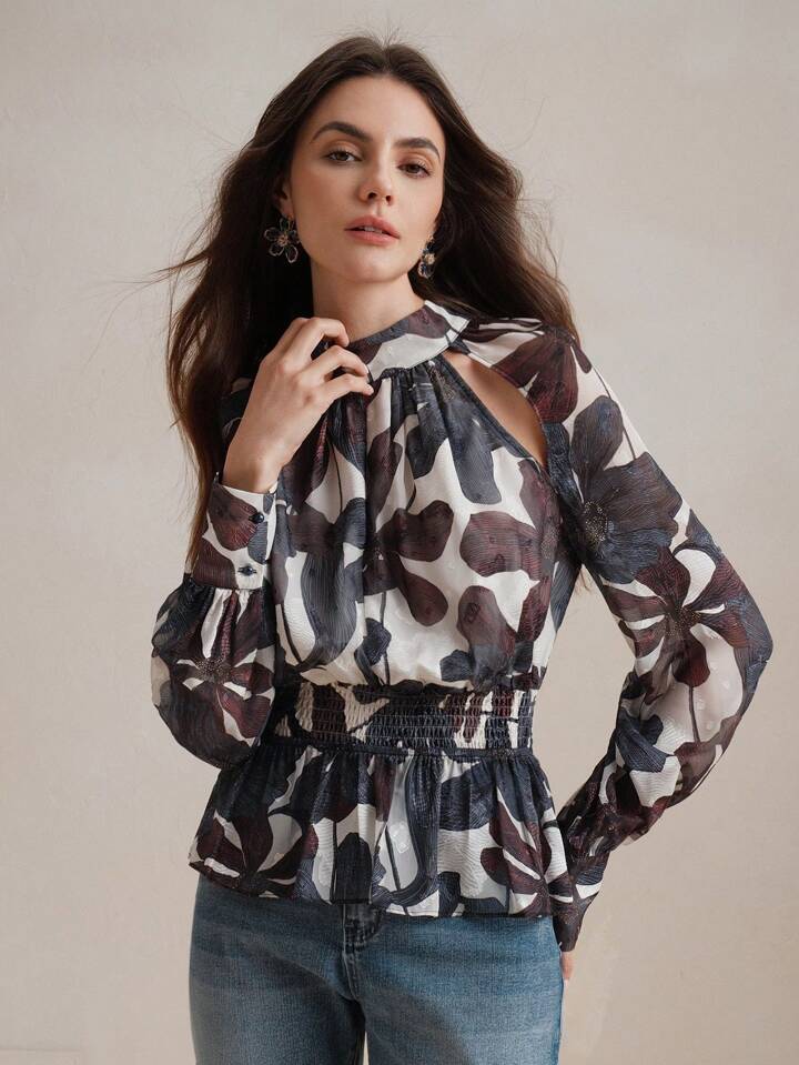 CM-TS475554 Women Elegant Seoul Style Stand Collar Long Sleeve Hollow-Out Fitted Floral Print Blouse