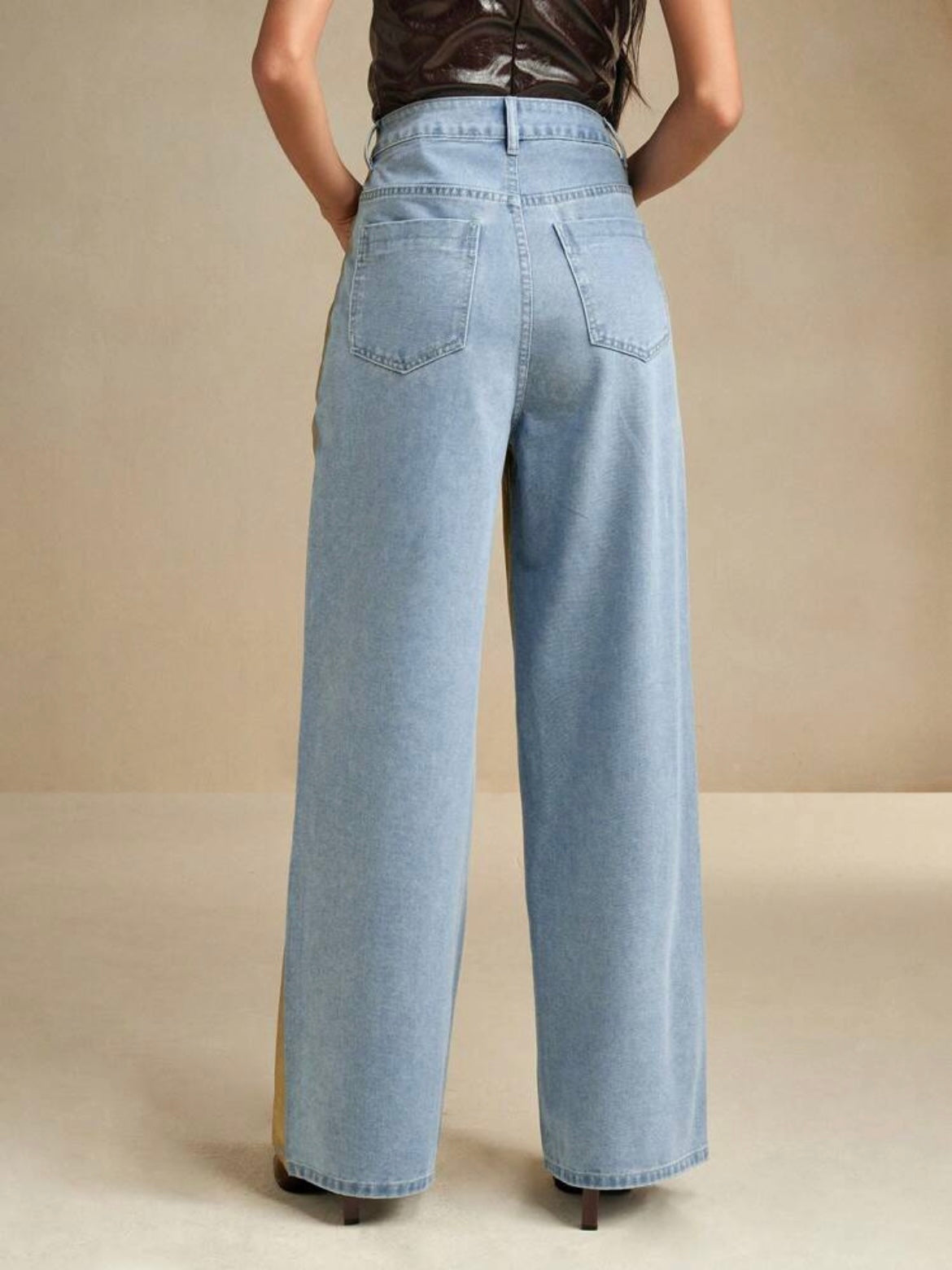 CM-BS820399 Women Elegant Seoul Style Metallic Patchwork Loose High Waist Straight Leg Jeans - Blue