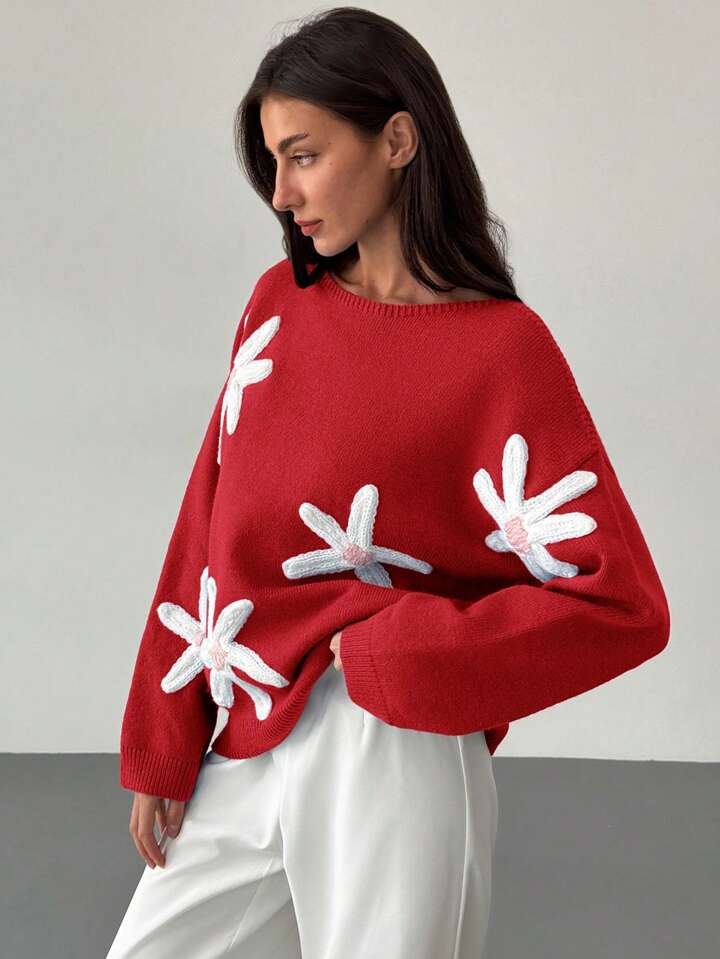 CM-CS900110 Women Casual Seoul Style 3D Floral Decoration Loose Fit Long Sleeve Sweater - Red