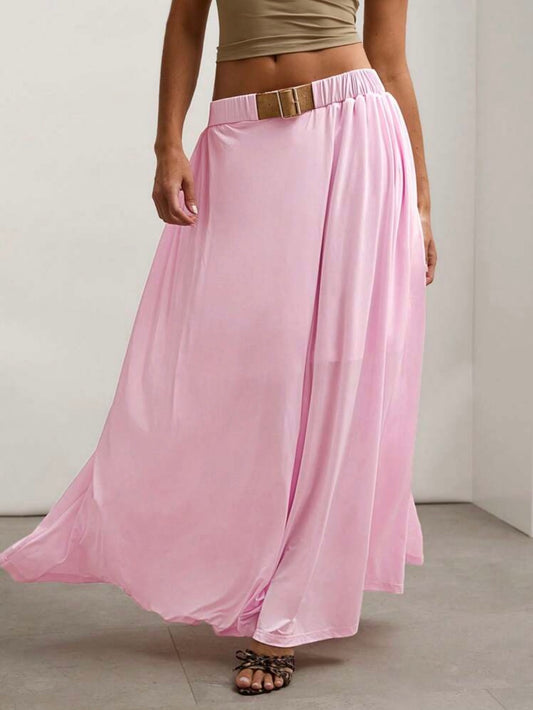 CM-BS232626 Women Trendy Bohemian Style Solid Color Waistband Flared Maxi Skirt - Baby Pink