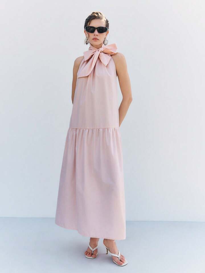 CM-DS178358 Women Casual Seoul Style Tie-Up Halter Sleeveless A-Line Pleated Hem Long Dress - Baby Pink