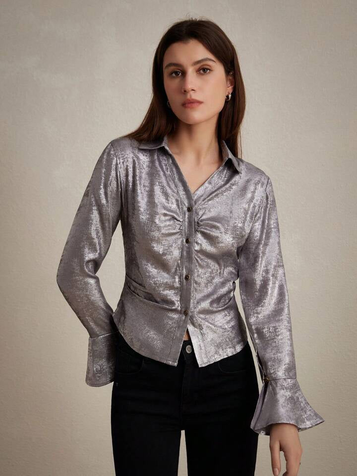 CM-TS271942 Women Elegant Seoul Style Shiny Metallic Gloss Flared Sleeve Shirt - Silver