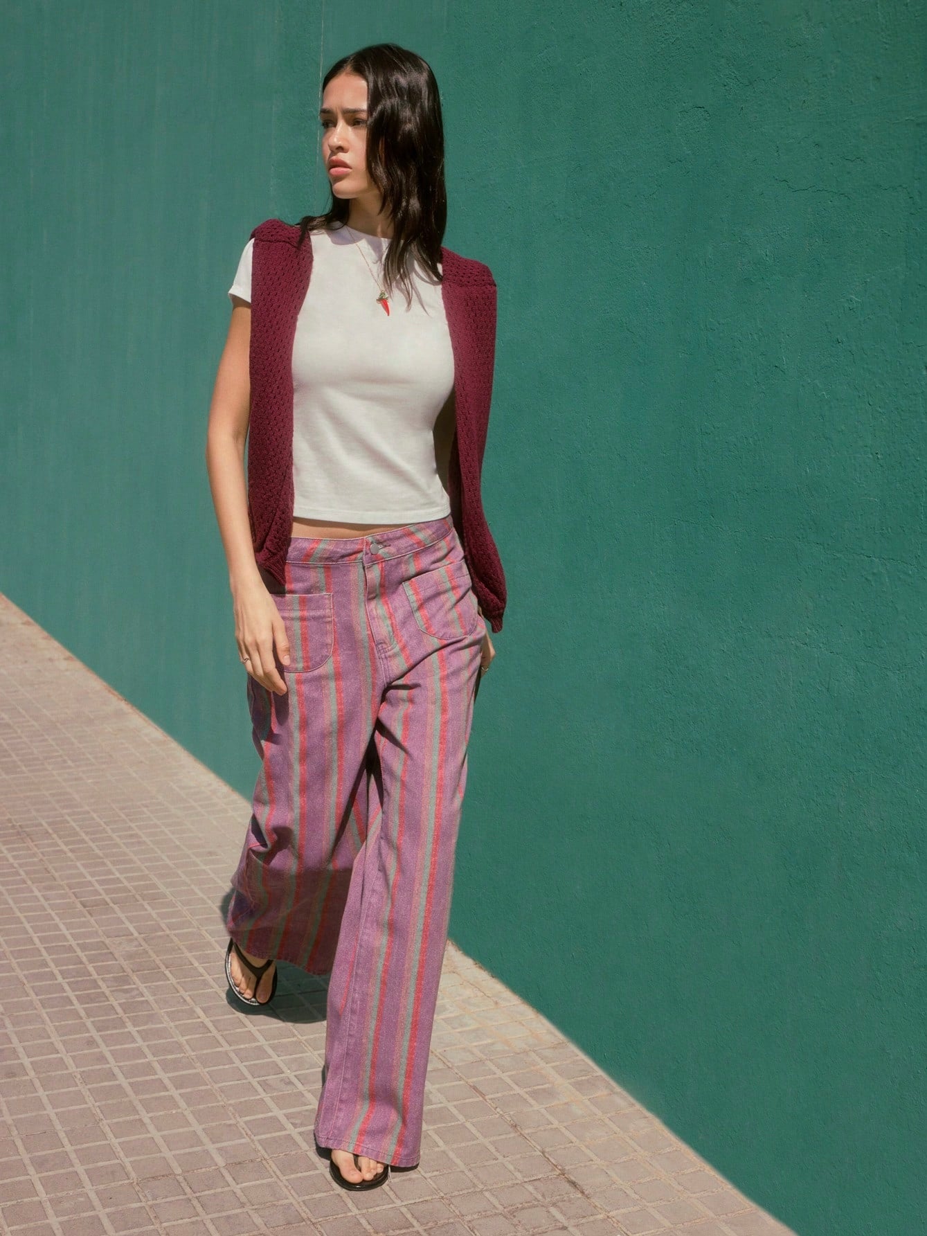 CM-BS163620 Women Elegant Seoul Style High Waist Patch Pockets Striped Extra Long Wide-Leg Trousers