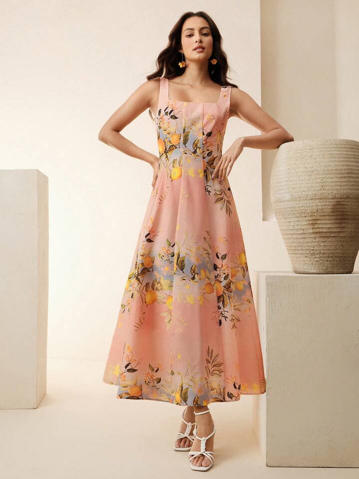 CM-DS571404 Women Trendy Bohemian Style Lemon Print Square Neck Sleeveless Mid Waist Maxi Dress