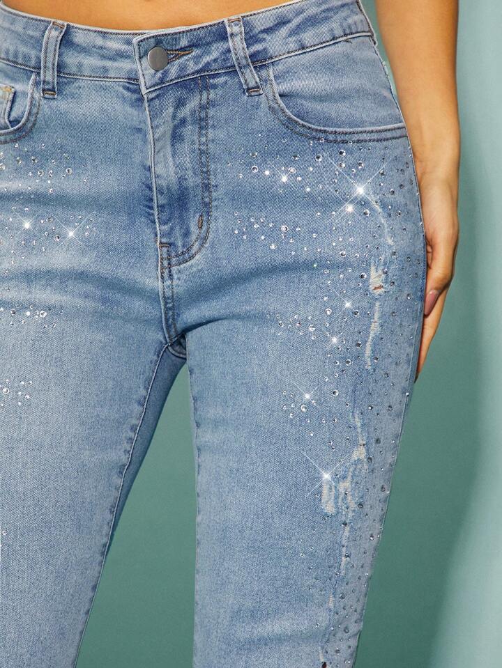 CM-BS505040 Women Casual Seoul Style Front Button Pocket Distressed Denim Jeans - Blue