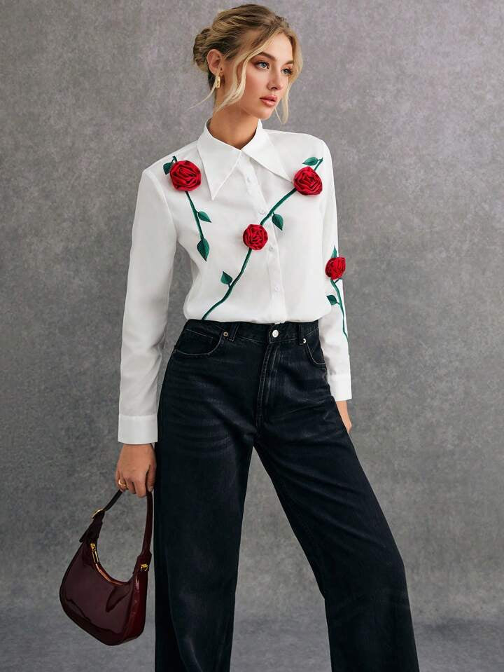 CM-TS821266 Women Elegant Seoul Style 3D Floral Print Embroidery Front Button Long Sleeve Shirt