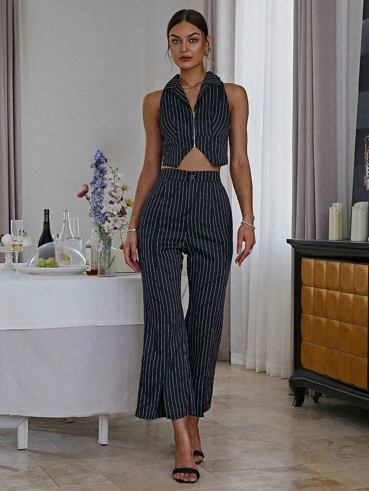 CM-SS108978 Women Elegant Seoul Style Vertical Striped Vest With Split Flared Pants Set - Black