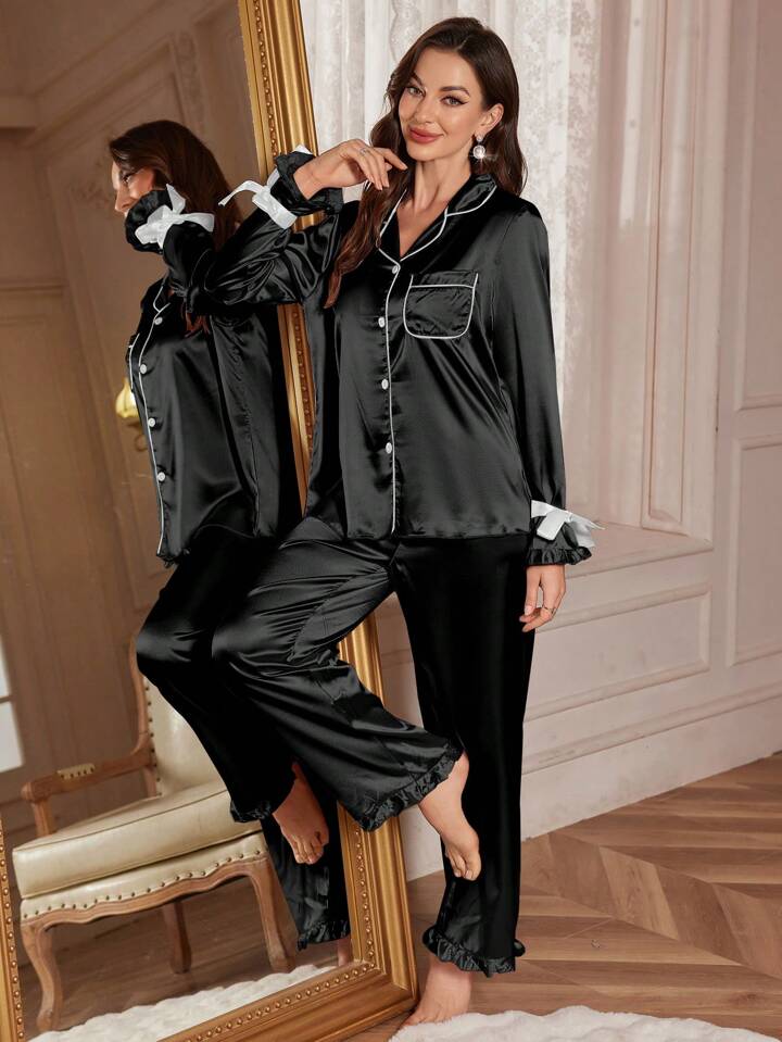 CM-LS790066 Women Trendy Seoul Style Faux Silk Tie Cuff Long Sleeve Top With Pants Pajama Set - Black