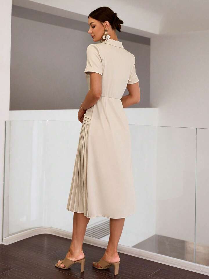 CM-DS796631 Women Elegant Seoul Style Solid Color Short Sleeve Pleated Hem Midi Dress - Apricot