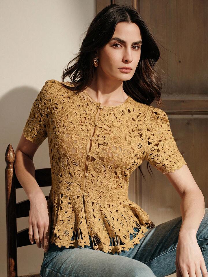 CM-TS411908 Women Casual Seoul Style Round Neck Short Sleeve Hollow Floral Patterned Waist A-Line Knit Top - Yellow