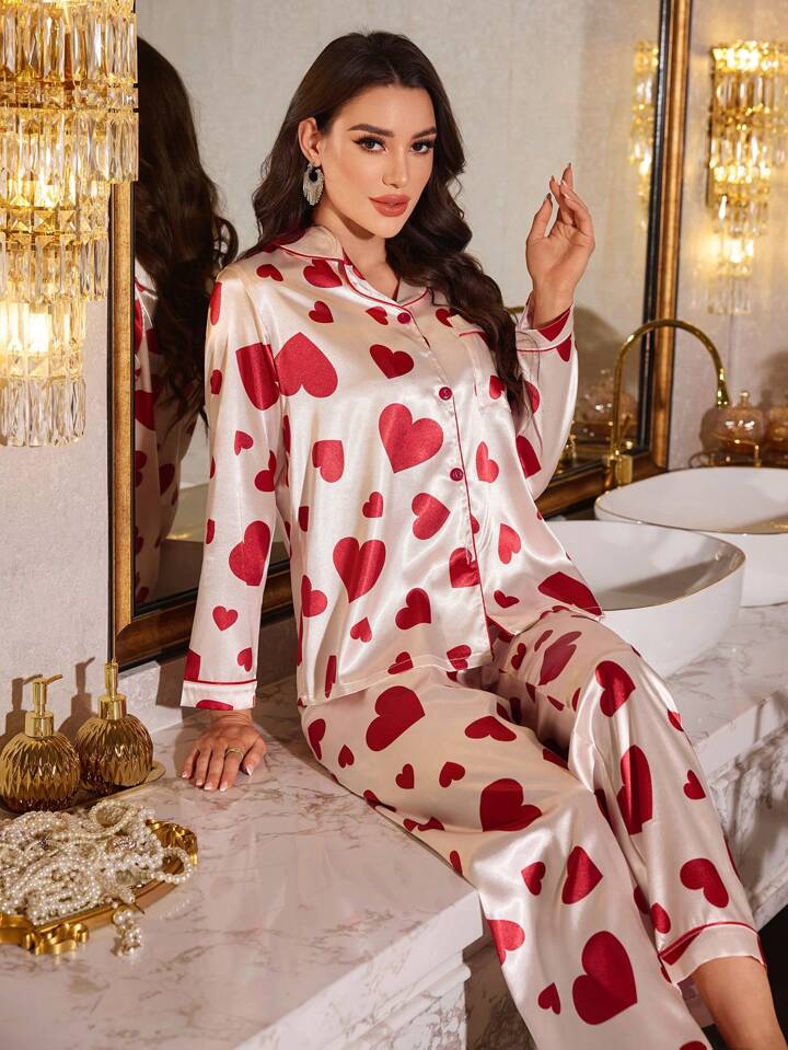 CM-LS986023 Women Trendy Seoul Style Heart Print Faux Silk Lapel Cardigan With Long Pants Pajama Set