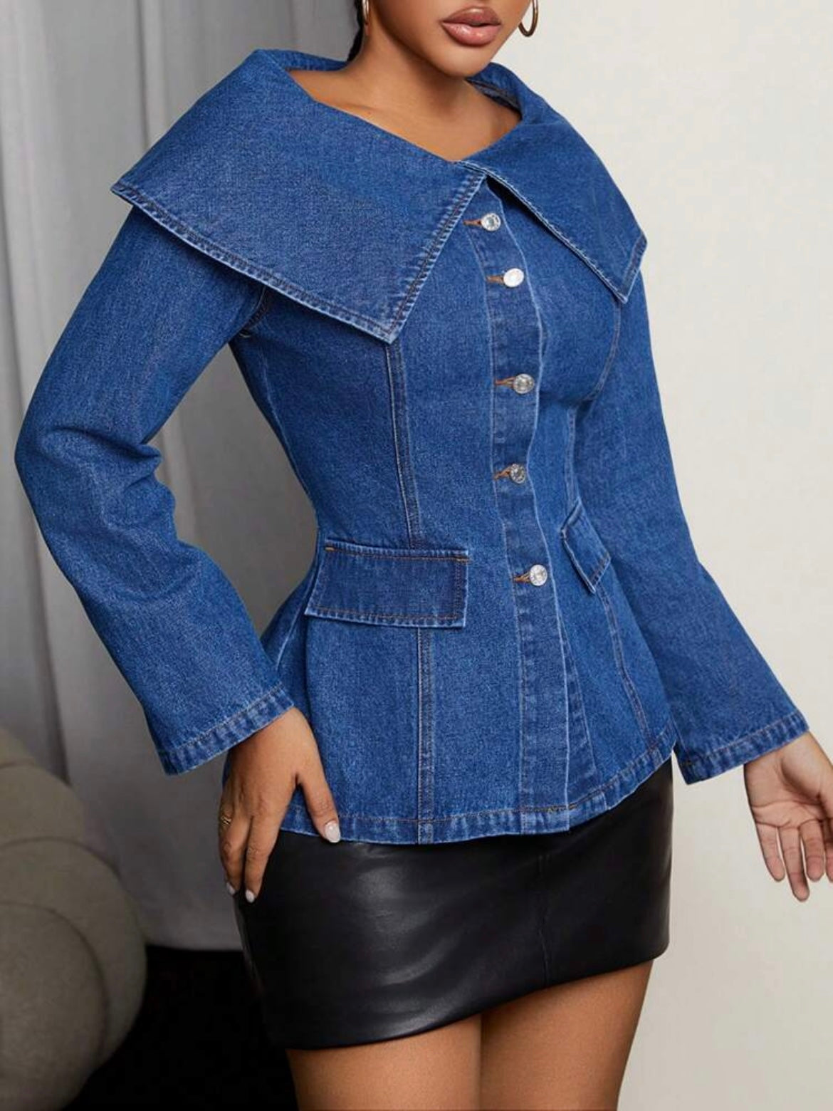 CM-TS433633 Women Elegant Seoul Style Peter Pan Collar Single Breasted Long Sleeve Denim Blouse