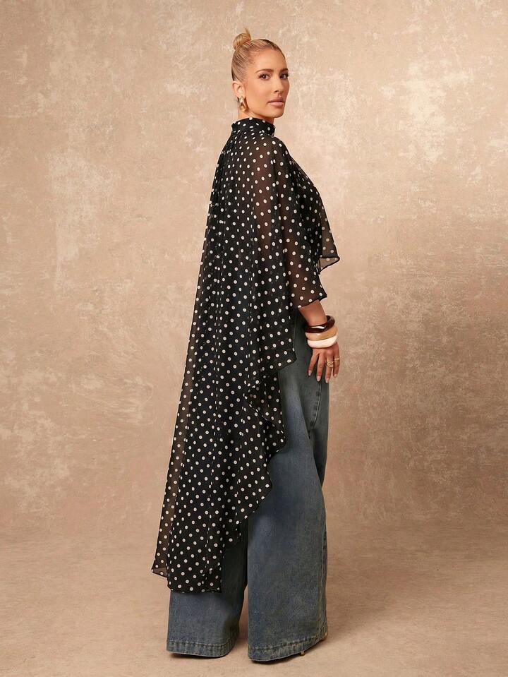 CM-TS405965 Women Casual Seoul Style Asymmetric Ruffle Hem Loose Collar Shawl Blouse - Black