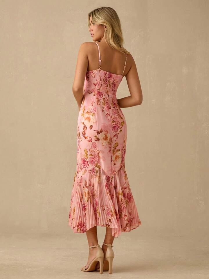 CM-DS836355 Women Elegant Seoul Style Floral Print Spaghetti Strap Sweetheart Neck Pleated Hem Mermaid Maxi Dress