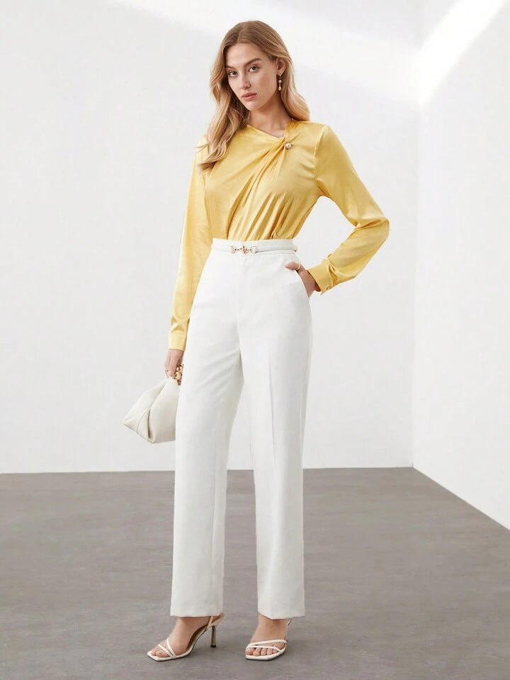 CM-TS808801 Women Elegant Seoul Style Twist Knot Long Sleeve Shirt - Yellow