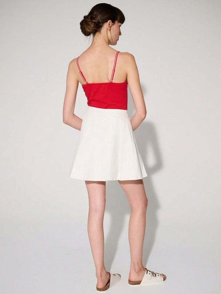 CM-BS554684 Women Casual Seoul Style Drop Waist Pleated Stretch Denim Mini Skirt - White