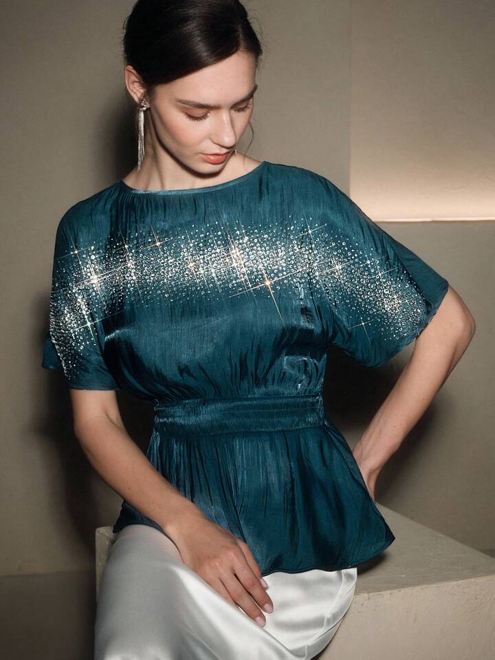 CM-TS022873 Women Elegant Seoul Style Round Neck Short Sleeve Rhinestone Gathered Waist Pullover Blouse - Cadet Blue