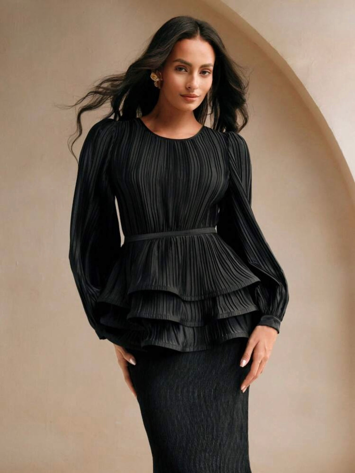 CM-TS222353 Women Elegant Seoul Style Round Neck Pleated Ruffle Hem Long Sleeve Blouse - Black