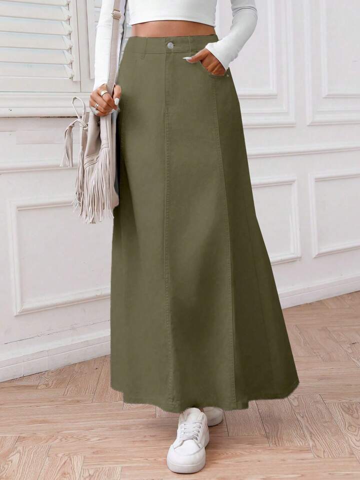CM-BS551781 Women Casual Seoul Style Solid Color Front Button Pocket Denim Midi Skirt - Army Green