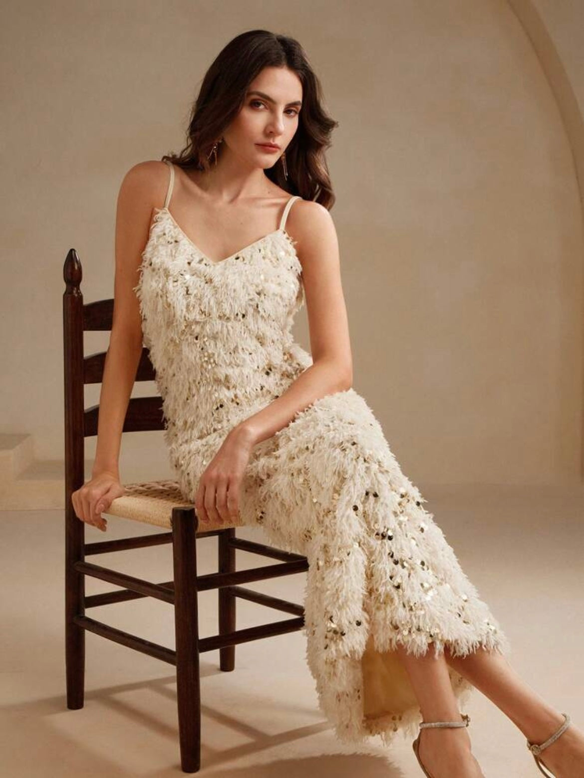 CM-DS722963 Women Elegant Seoul Style Fitted Sequin Embellished Feather Decor Slip Dress - Apricot