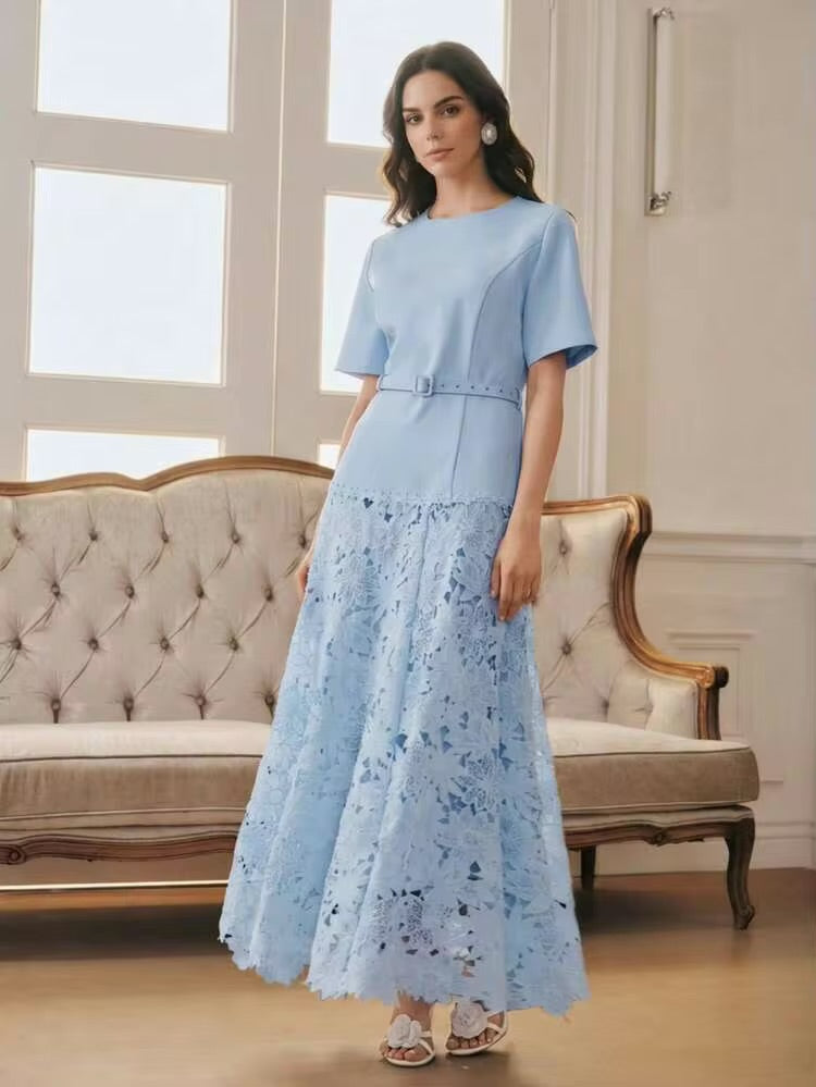 CM-DS750591 Women Elegant Seoul Style Round Neck Short Sleeve Water-Soluble Lace Patchwork A-Line Dress - Blue