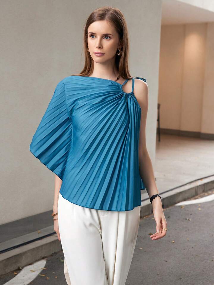 CM-TS863677 Women Casual Seoul Style Asymmetrical Neck Flounce Sleeve Pleated Shirt - Blue