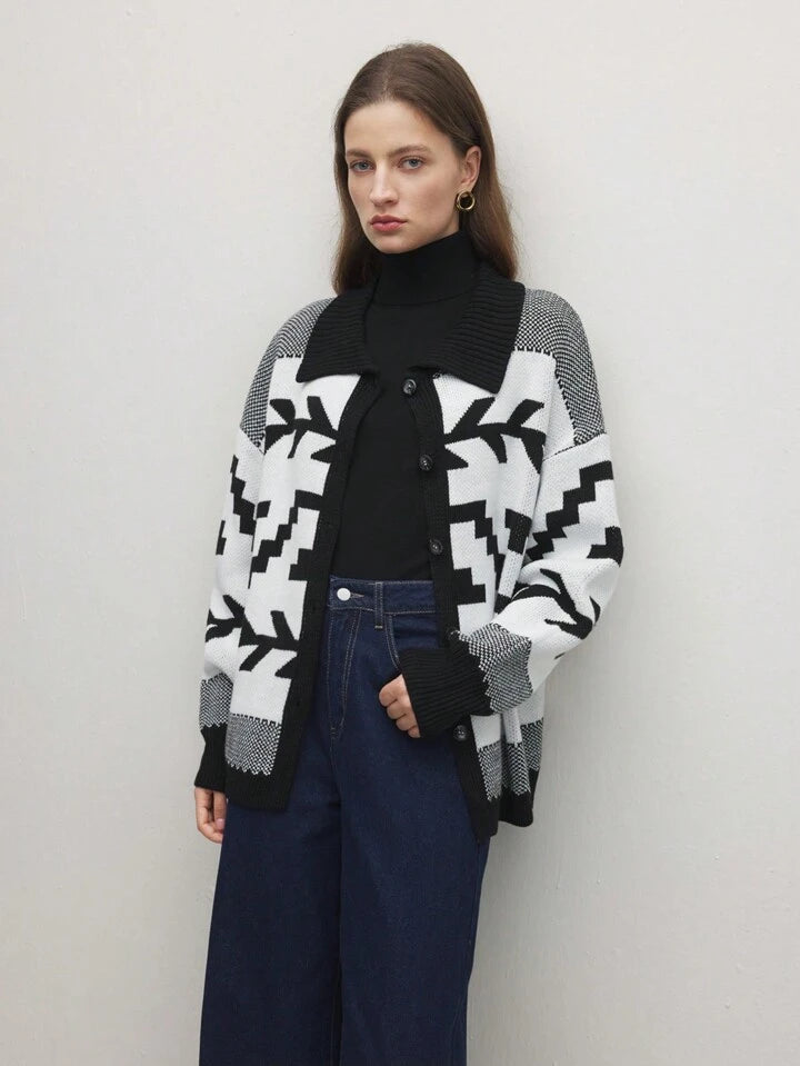 CM-CS360360 Women Casual Seoul Style Color Block Drop Shoulder Jacquard Knit Sweater