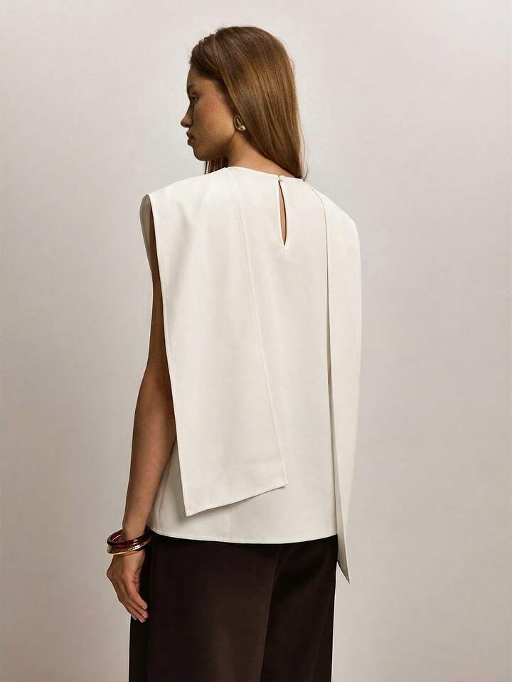CM-TS563755 Women Elegant Seoul Style Stand Collar Sleeveless Asymmetric Hem Loose Blouse - Beige