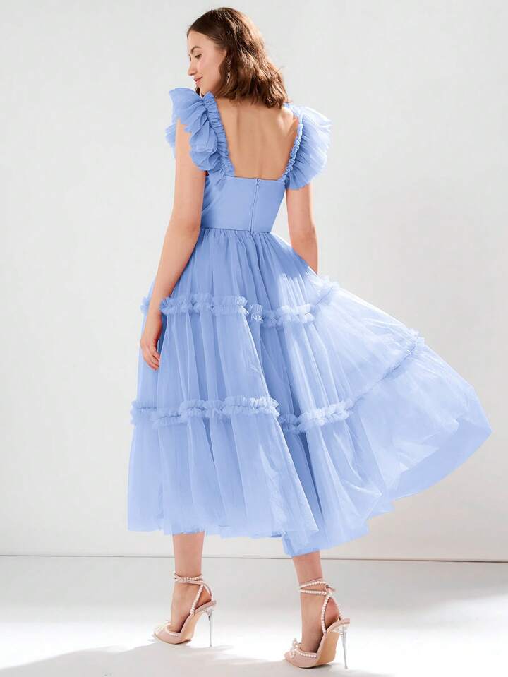 CM-DS515994 Women Elegant Seoul Style Sweet Heart Neck Flounce Sleeve Ruched Mesh Dress - Baby Blue