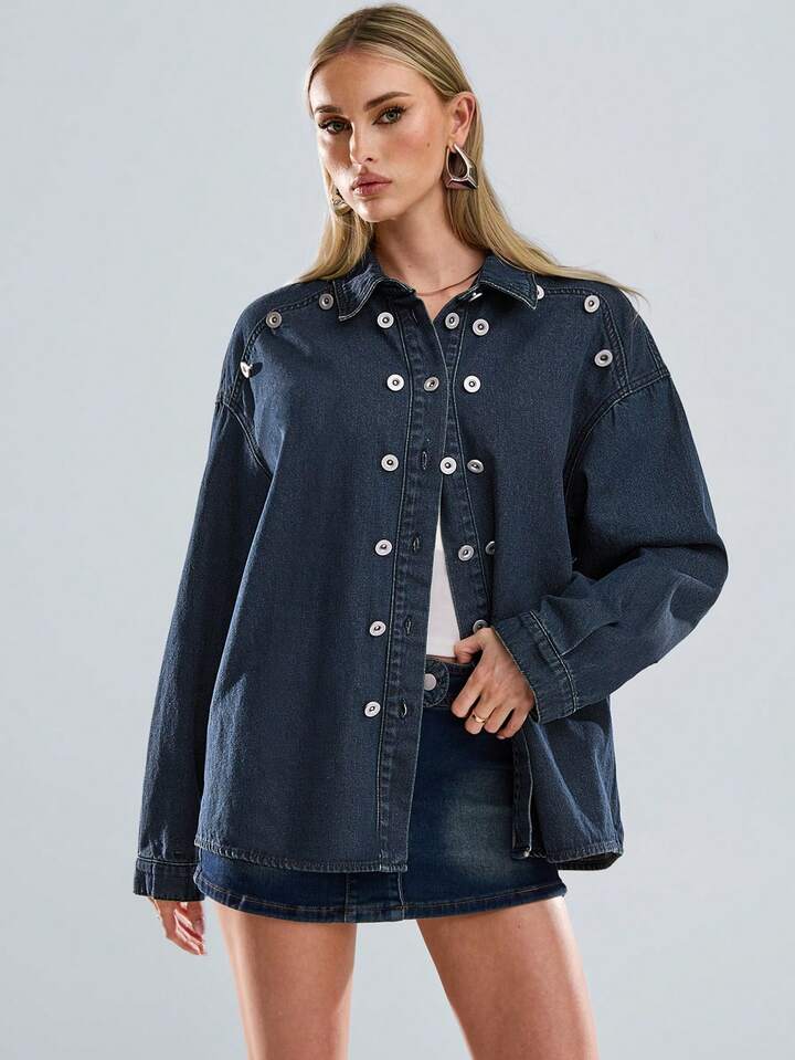 CM-CS944821 Women Casual Seoul Style Dark Wash Shirt Collar Long Sleeve Rivet Decor Denim Jacket