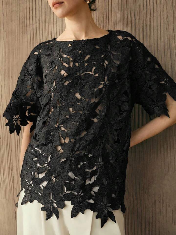 CM-TS052635 Women Trendy Bohemian Style Embroidered Round Neck Short Sleeve Top - Black