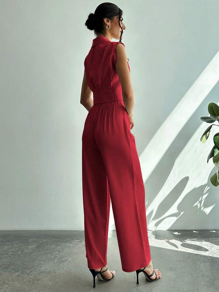 CM-SS251155 Women Elegant Seoul Style Collared Fitted Cap Sleeve Shirt With Straight-Leg Pants Suit - Red