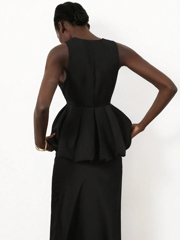 CM-TS127578 Women Elegant Seoul Style Deep V-NeckSleeveless Ruffle Hem Design Blouse - Black
