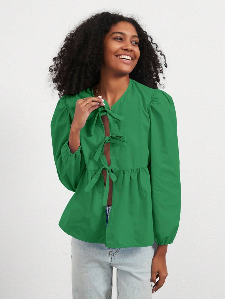 CM-TS810531 Women Casual Seoul Style Print Ruffle Hem Tie Long Sleeve Shirt - Green
